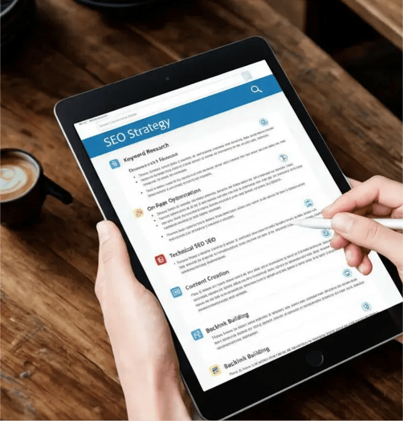 A tablet displays an SEO Strategy document with sections on keyword research and on-page optimization. A hand holds a stylus, ready to make notes