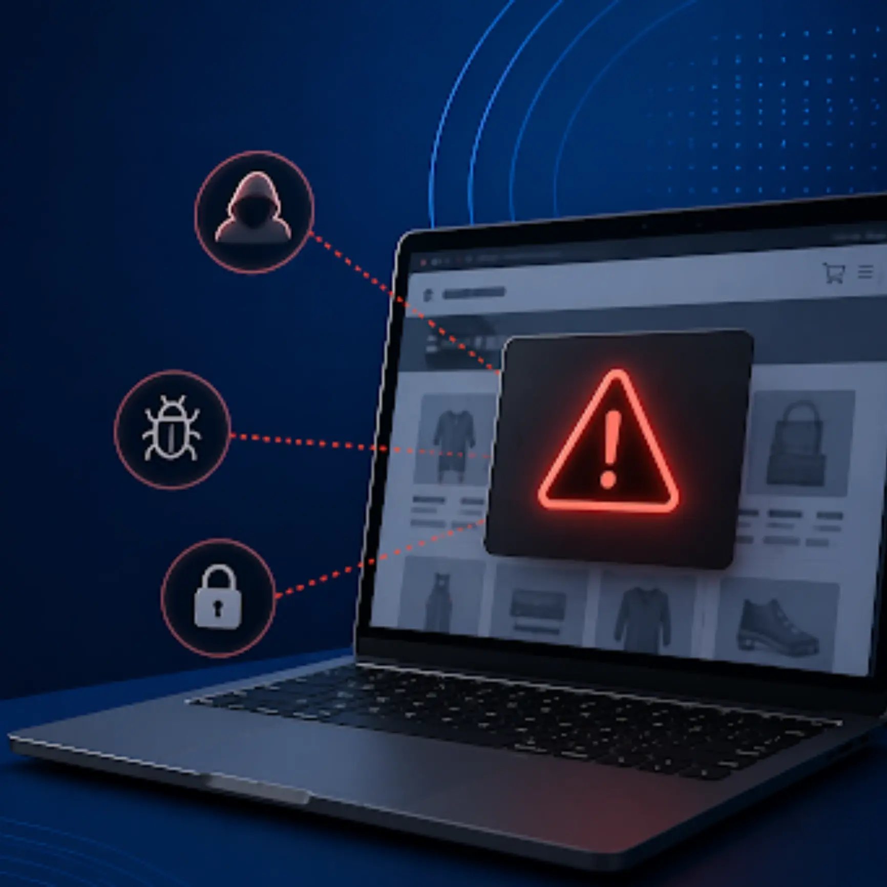 eCommerce website on a laptop with security warning and icons representing cyber threats, highlighting risks that can cause site downtime