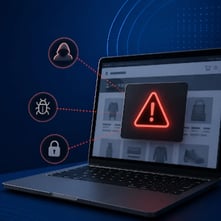 eCommerce website on a laptop with security warning and icons representing cyber threats, highlighting risks that can cause site downtime