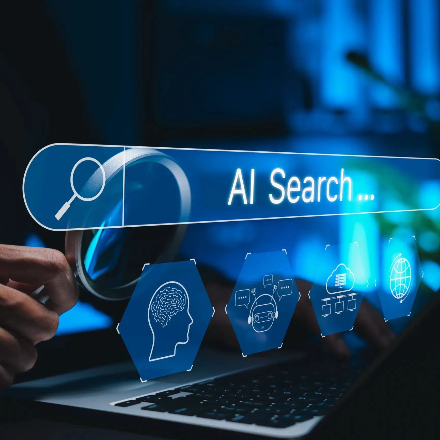 Screen featuring blue AI search bar with a row of search icons underneath