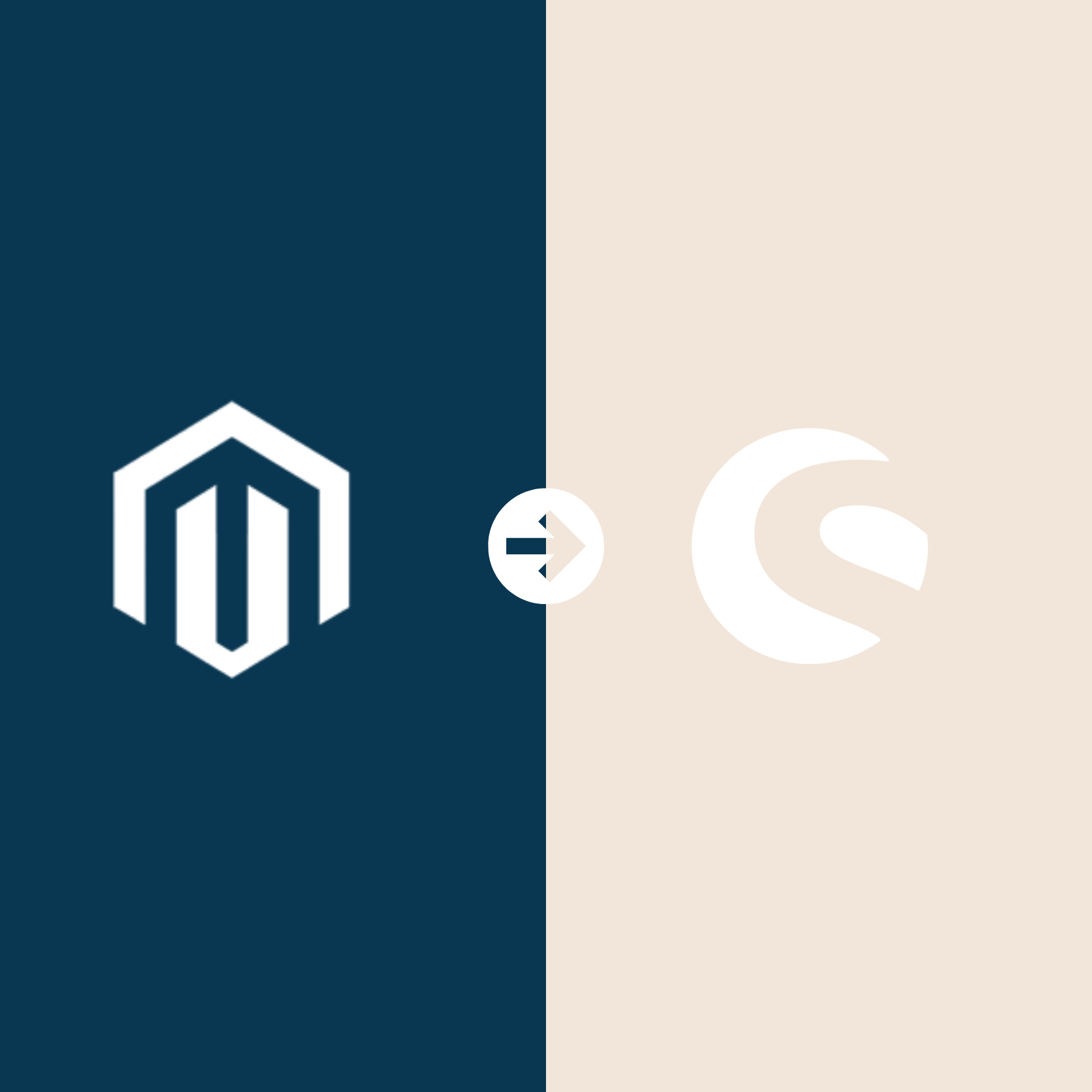 half blue half tan background magento logo arrow to shopware logo
