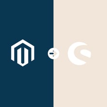 half blue half tan background magento logo arrow to shopware logo