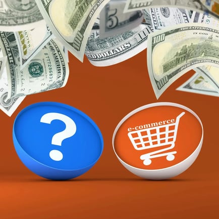 Falling cash above a question mark and eCommerce shopping cart icons, symbolizing eCommerce agency cost decisions on an orange background.