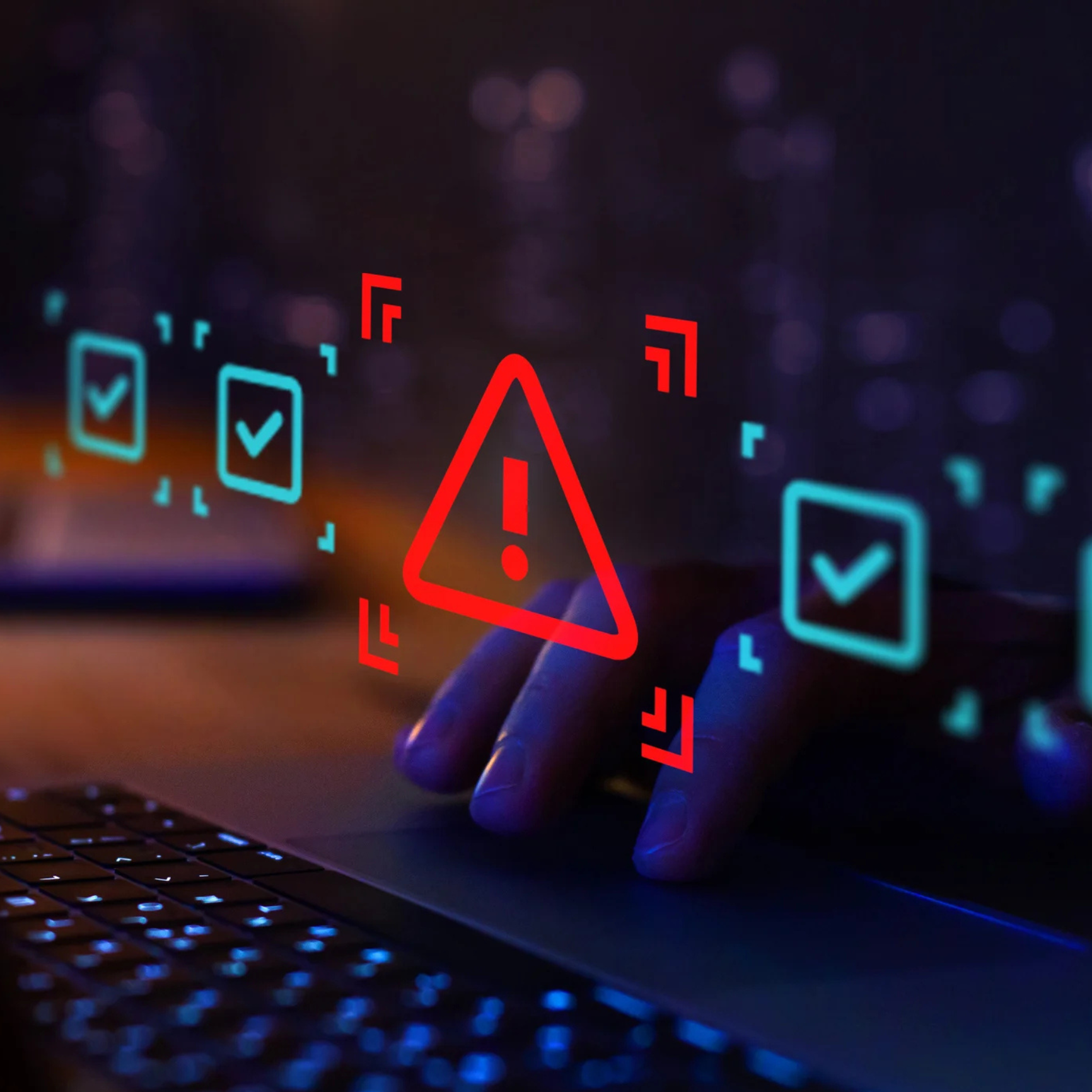 Computer screen showing three blue check marks in boxes and one red exclamation point in a triangle