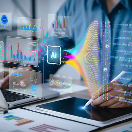 Man using stylus to write on an ipad with rainbow AI and search graphics transposed on the screen