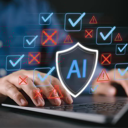 Man typing on screen showing blue boxes with check marks and red boxes with x's with a shield featuring AI text