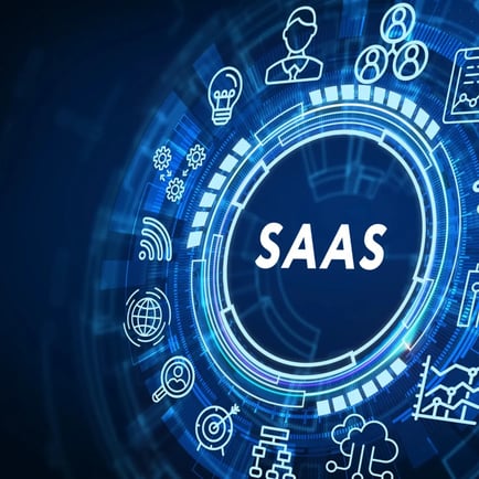 Light blue circle of search images on dark blue background with SAAS in the middle of the circle