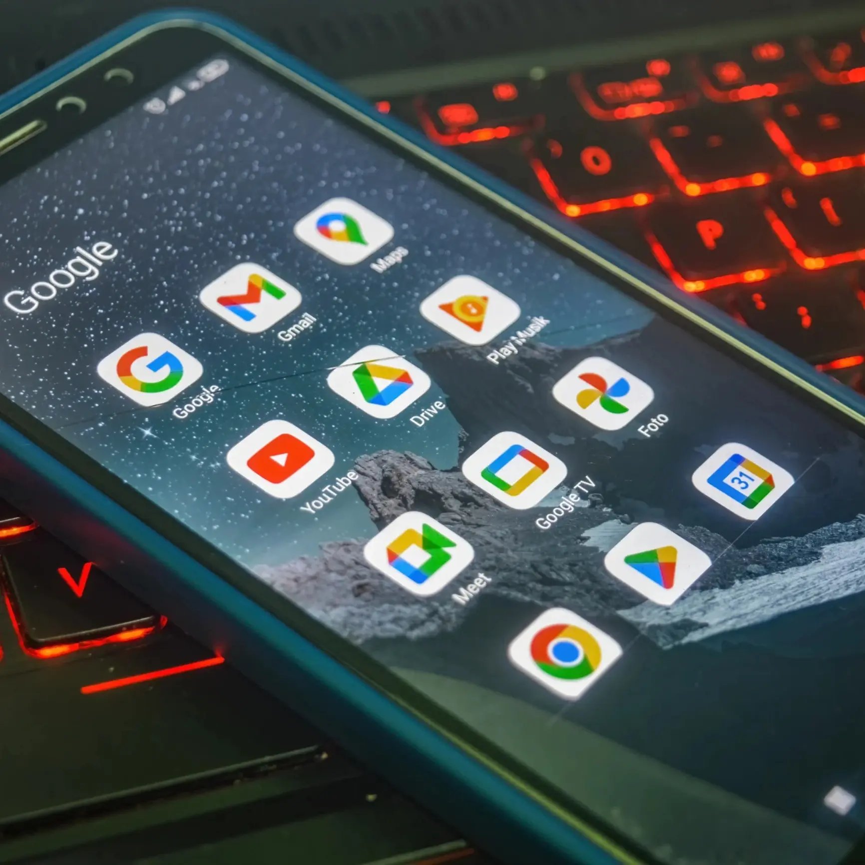 Phone screen with apps of full google suite