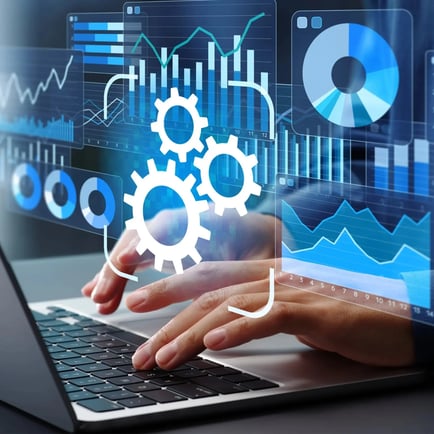 data on computer screen man typing