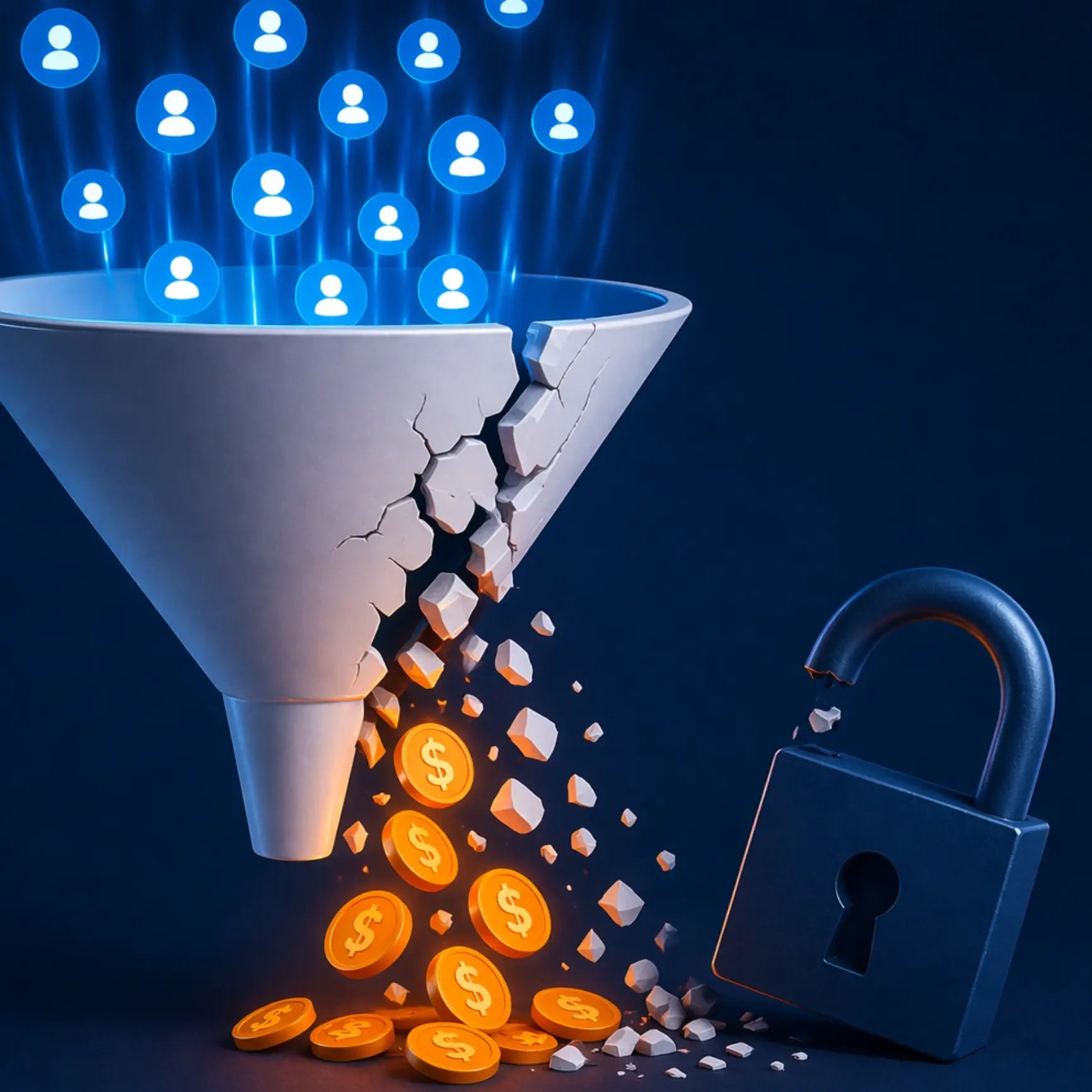 Broken eCommerce funnel leaking money as traffic enters, showing wasted ad spend from security and performance issues