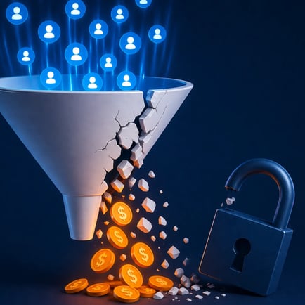 Broken eCommerce funnel leaking money as traffic enters, showing wasted ad spend from security and performance issues