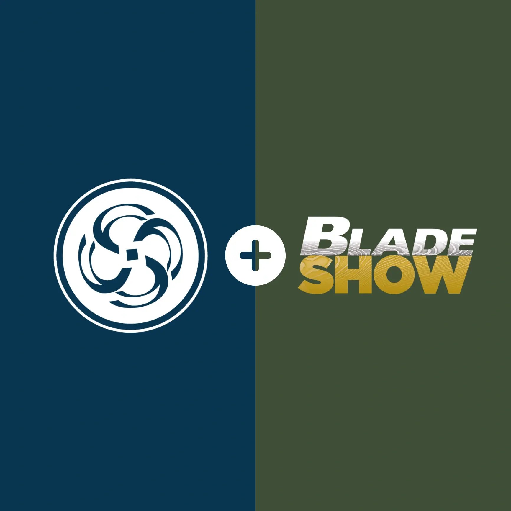 Blue and green square background featuring white smart solutions + blade show logos