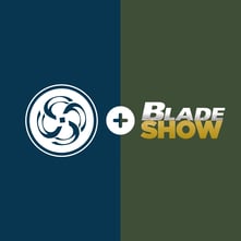Blue and green square background featuring white smart solutions + blade show logos