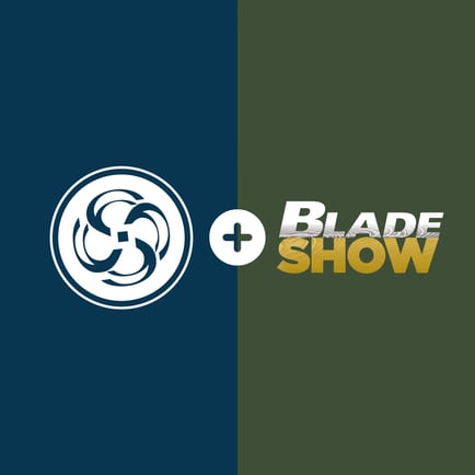 Blue and green square background featuring white smart solutions + blade show logos