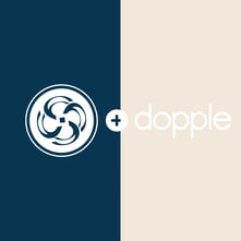 blue and tan background featuring white smart solutions and dopple logos