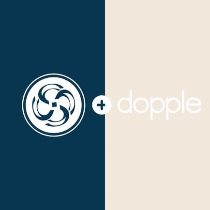 blue and tan background featuring white smart solutions and dopple logos