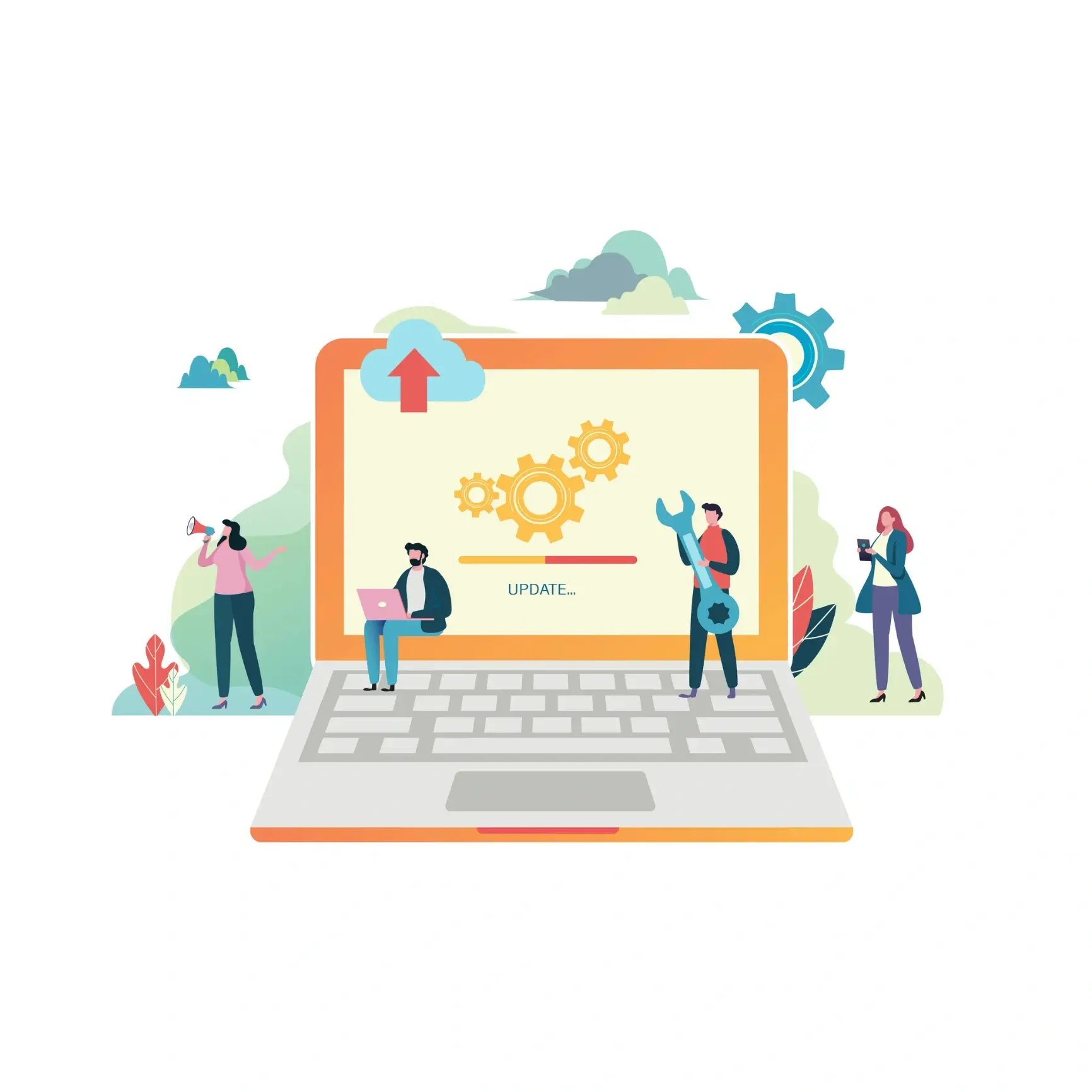People with tools work to update website page