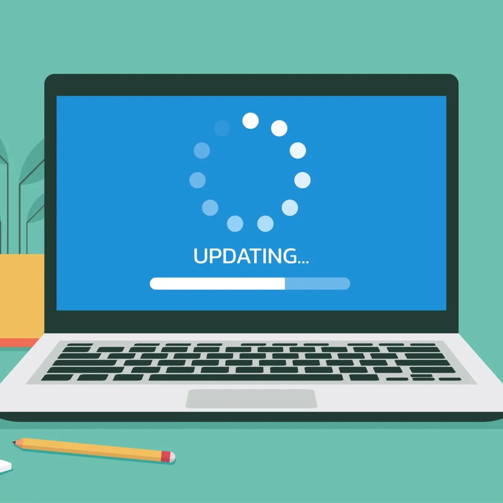 graphic of laptop with blue updating cscreen with loading bar and circle