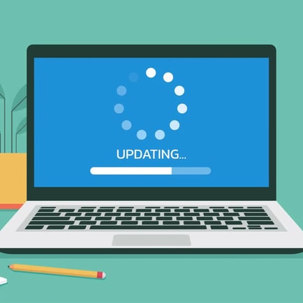 graphic of laptop with blue updating cscreen with loading bar and circle