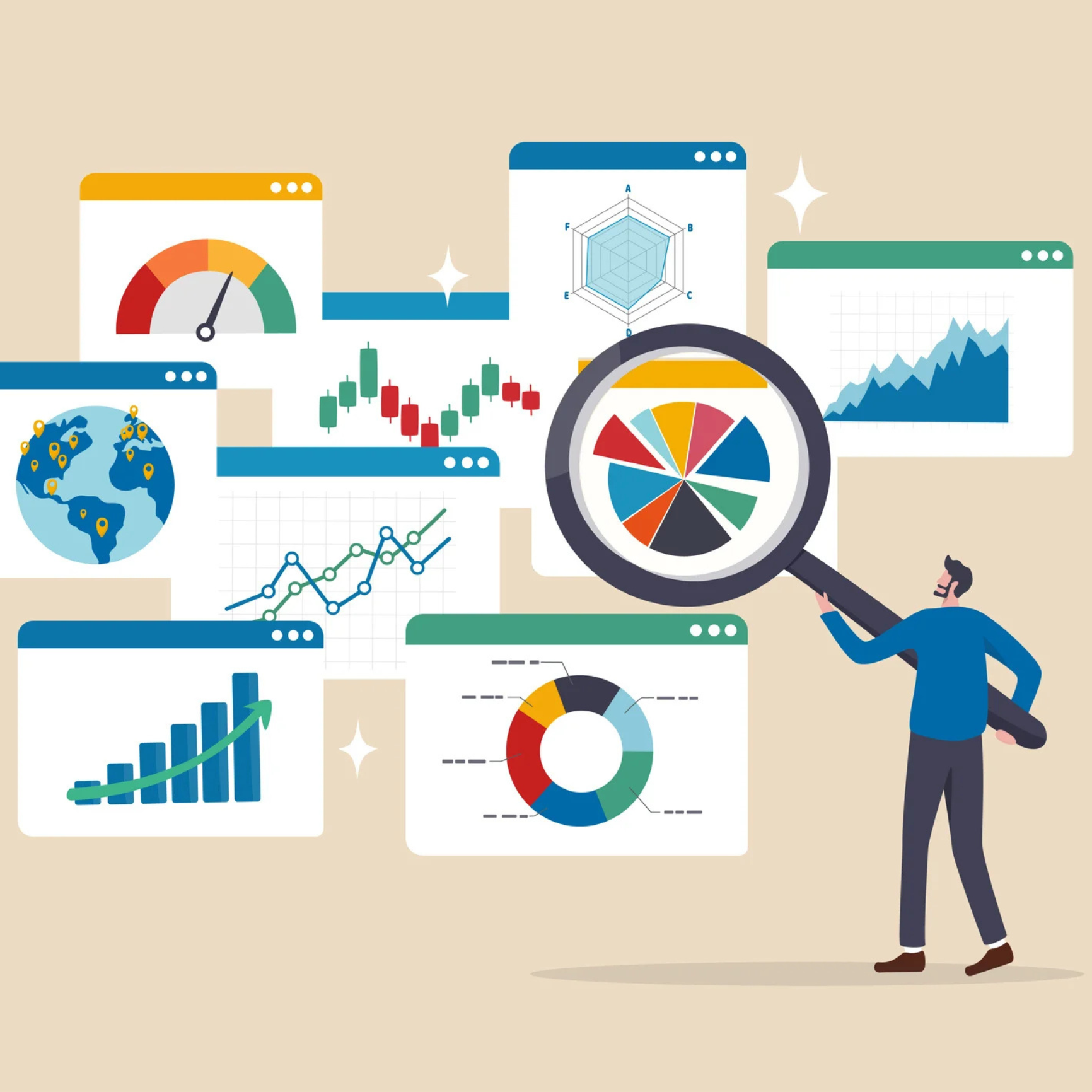 Person with magnifying glass examines metrics for benchmarking success