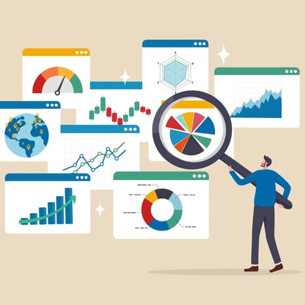 Person with magnifying glass examines metrics for benchmarking success