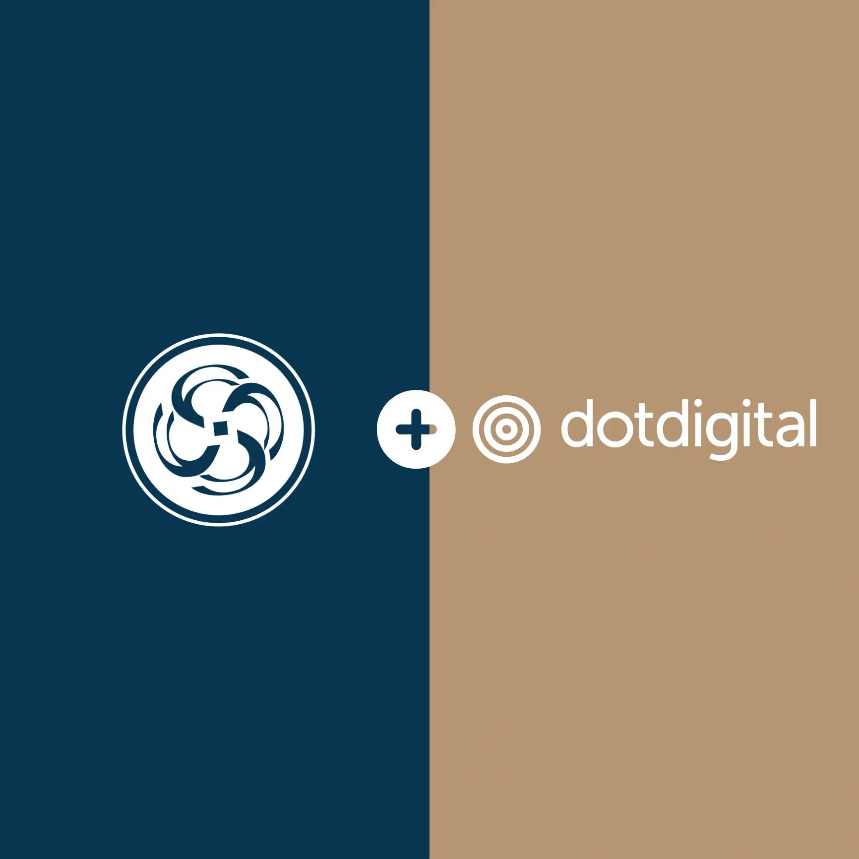 Half navy half brown background featuring white Smart Solutions + Dotdigital logos
