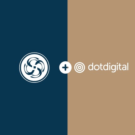 Half navy half brown background featuring white Smart Solutions + Dotdigital logos