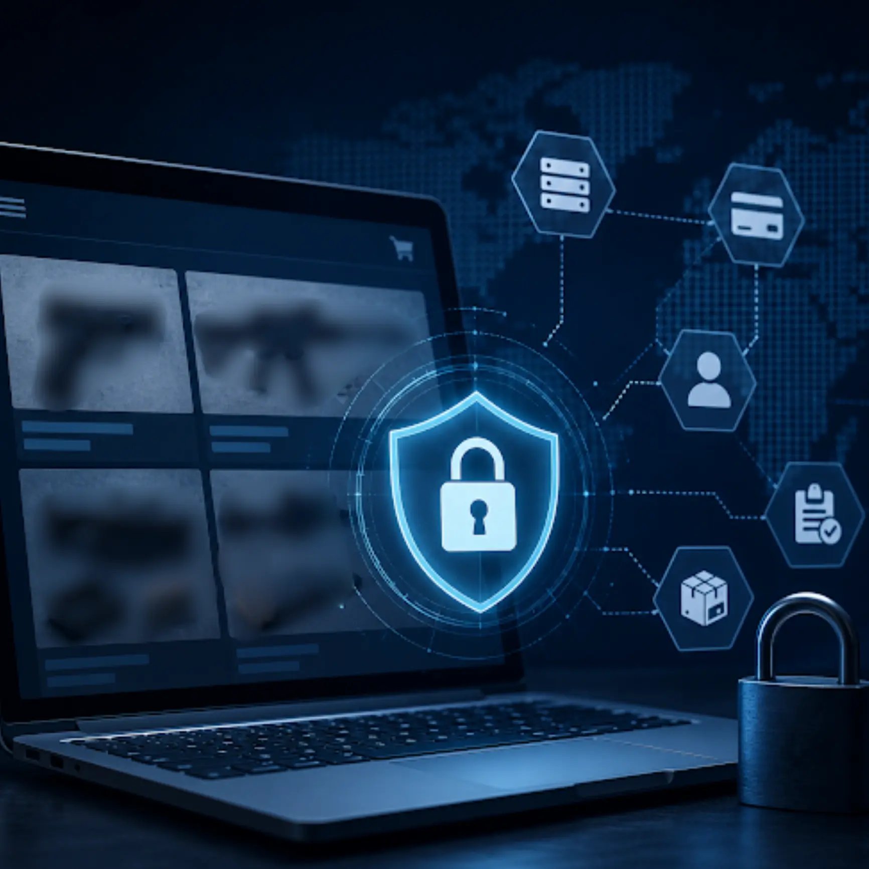 Cybersecurity dashboard protecting a firearms eCommerce store with secure online sales infrastructure.