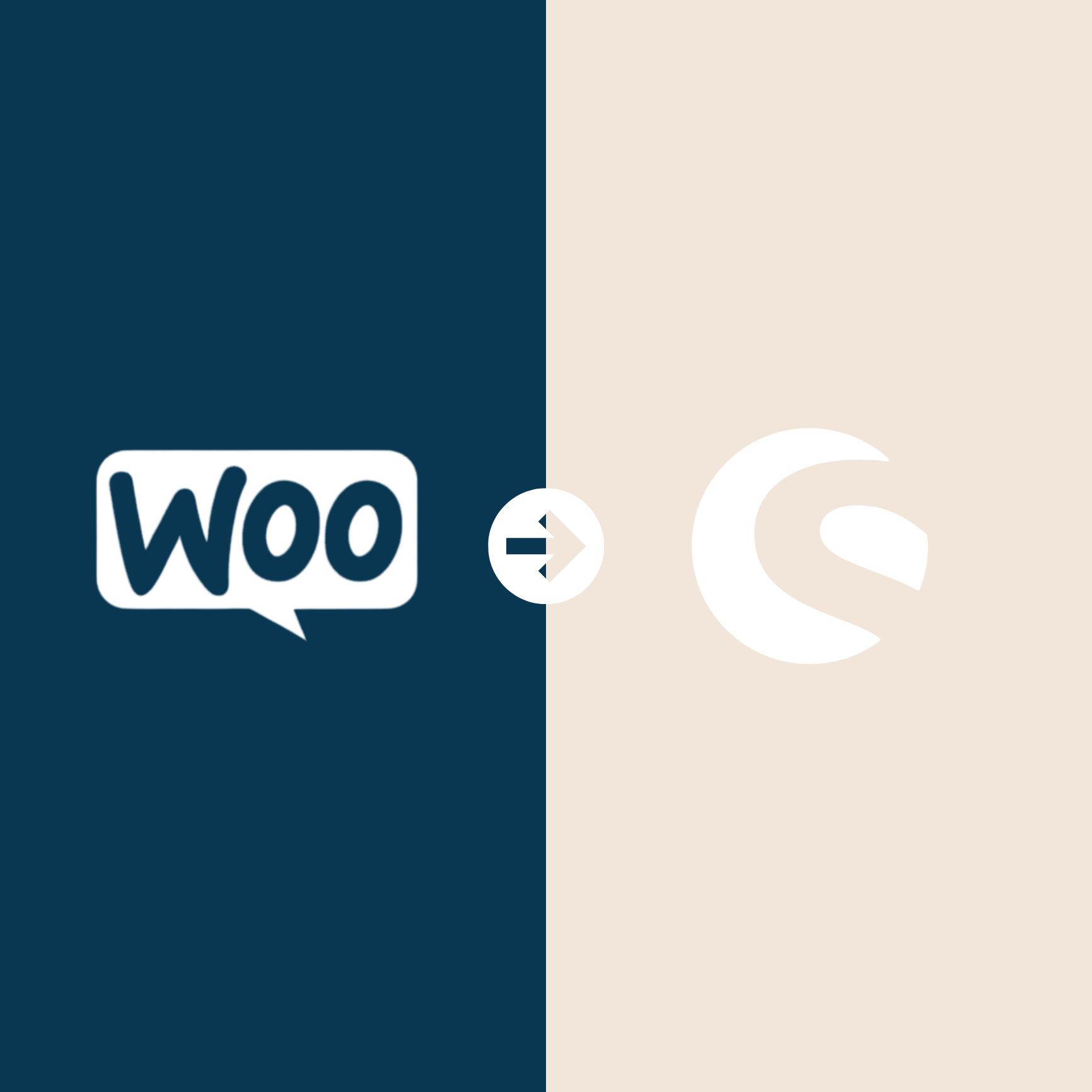 Halof blue half tan background with woocommerce logo arrow pointing to shopware logo