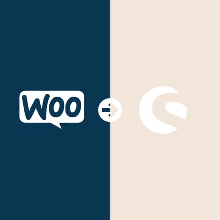 Halof blue half tan background with woocommerce logo arrow pointing to shopware logo