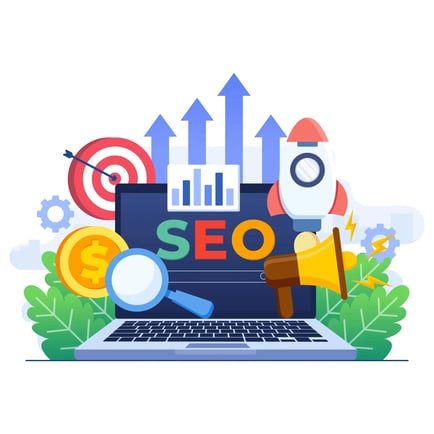 Graphic laptop featuring SEO on the screen surrounded by colorful search icons