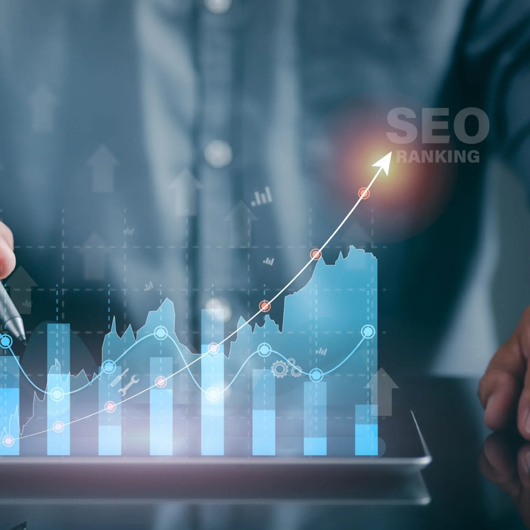 Blue bar graph hovering above iPad screen with arrow going up pointing to SEO Ranking text