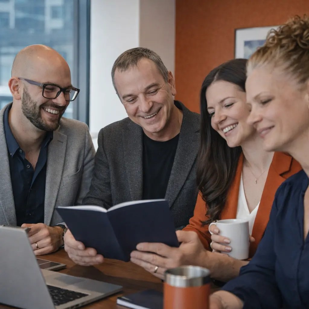 Group of four coworkers reading from a book in front of laptop
