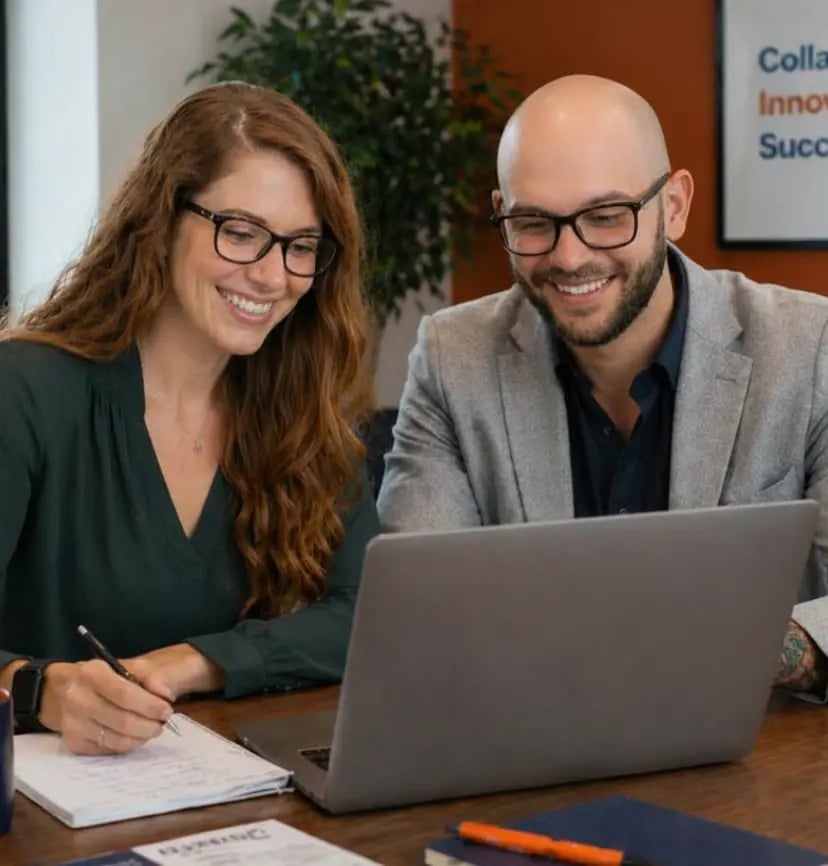 Two professionals collaborating in a modern office, woman in green blouse and glasses taking notes while male colleague reviews laptop, teamwork and productivity in corporate workspace with burnt orange and navy accents