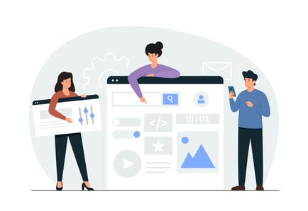Illustration of team collaborating on custom eCommerce website development, focusing on design and coding.