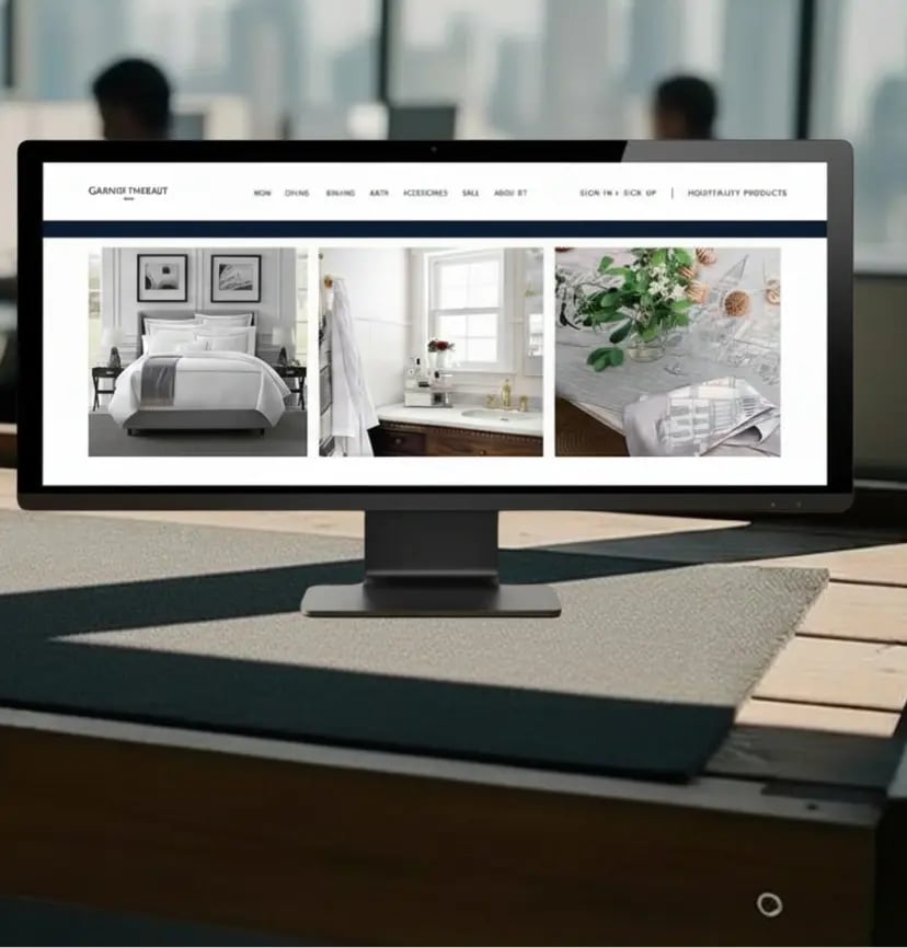 Modern desktop computer displaying a luxury hospitality eCommerce website with hotel bedding, bathroom interior, and linen products on a clean workspace in an office setting
