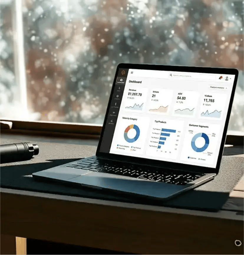 A laptop on a wooden table displays a data analytics dashboard with charts and graphs. Snow falls outside a window, creating a cozy atmosphere