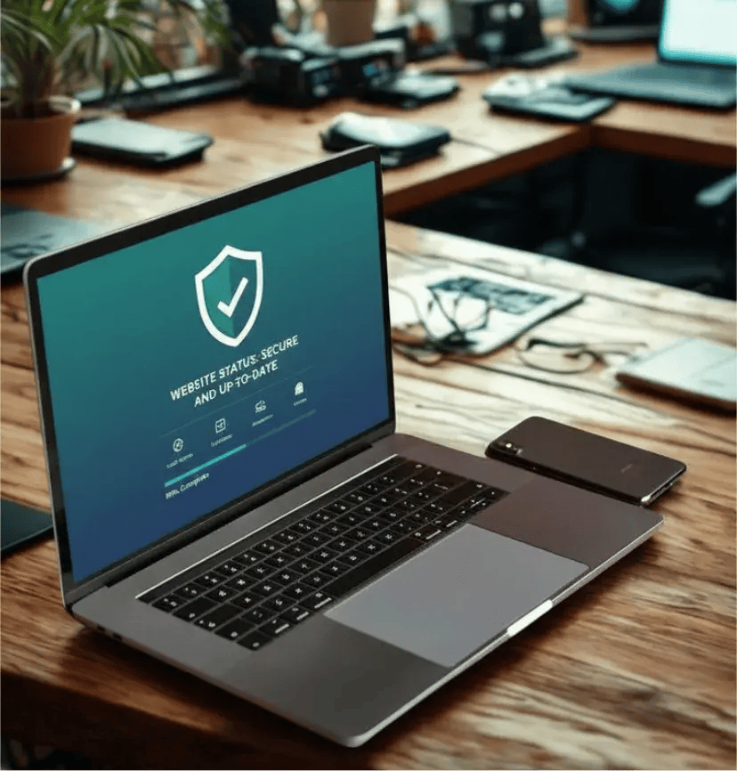 A laptop on a wooden table displays a secure website status screen. The setting is a modern office with other devices and plants visible, conveying technology and professionalism