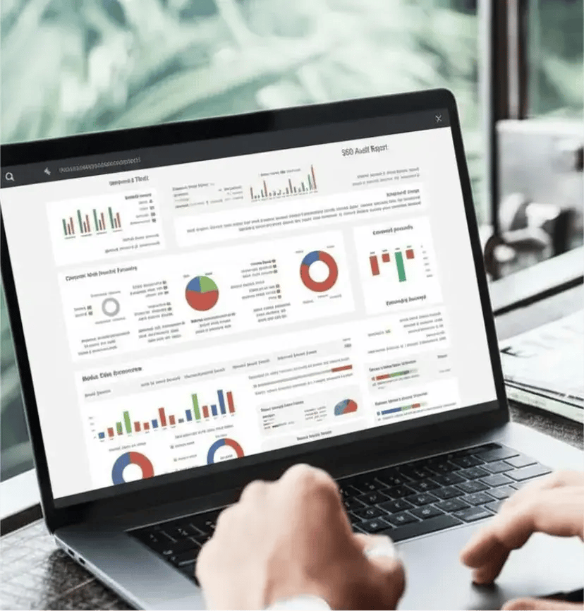 A laptop screen displays an SEO audit report with colorful graphs and charts. A person is typing, suggesting a focused and analytical mood