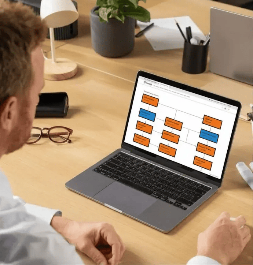 A man sitting at a desk looks at a laptop displaying a flowchart with blue and orange boxes. Nearby are glasses, papers, and a plant, creating a focused workspace