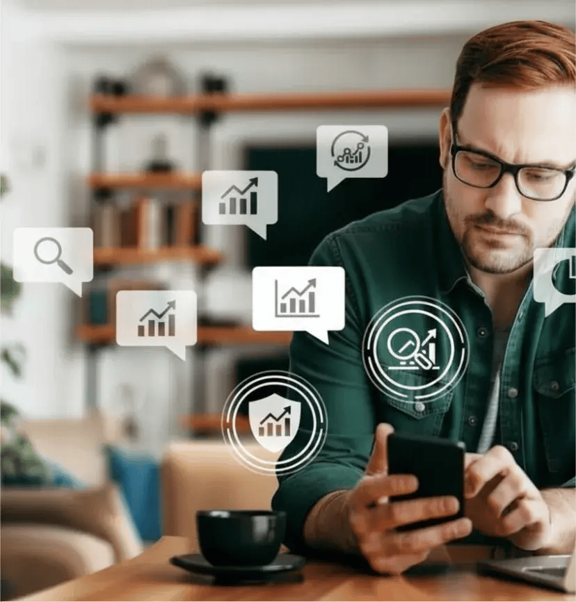 A man with glasses looks at his smartphone, surrounded by floating icons of graphs and magnifying glasses, indicating data analysis and growth