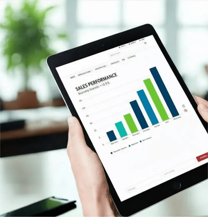 A person holds a tablet displaying a sales performance bar graph with various colored bars, indicating positive monthly growth of 11.5%. The setting is a bright, modern office