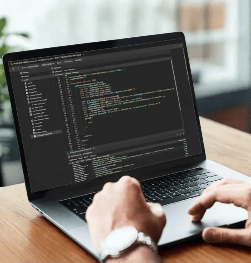 A person types on a laptop with code visible on the screen. The setting appears to be a bright, modern workspace, suggesting focus and productivity
