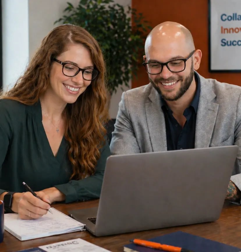 Two professionals collaborating in a modern office, woman in green blouse and glasses taking notes while male colleague reviews laptop, teamwork and productivity in corporate workspace with burnt orange and navy accents
