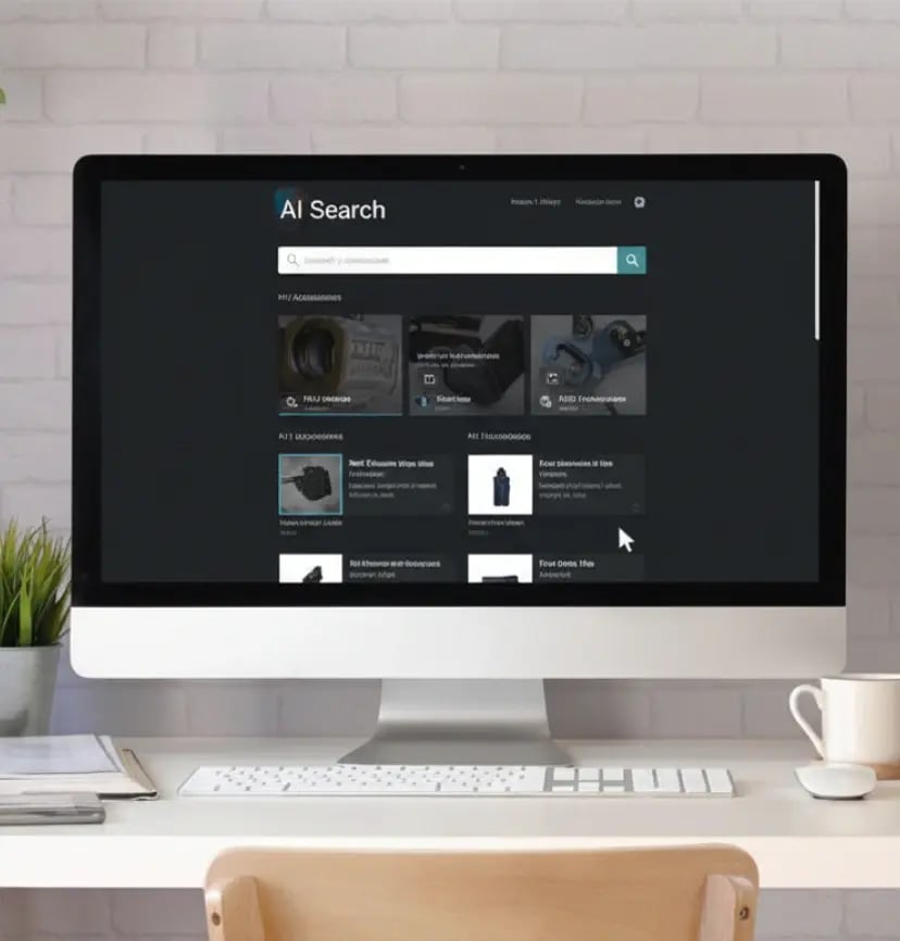 Desktop computer displaying AI-powered search interface with product results, showcasing artificial intelligence search technology, smart recommendations, and modern SEO optimization on a clean workspace