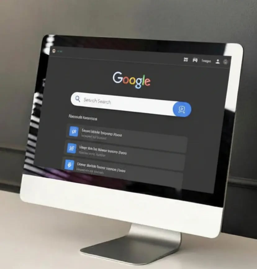 Desktop computer displaying Google search homepage with search bar, illustrating online search, SEO strategy, keyword research, and search engine optimization concepts