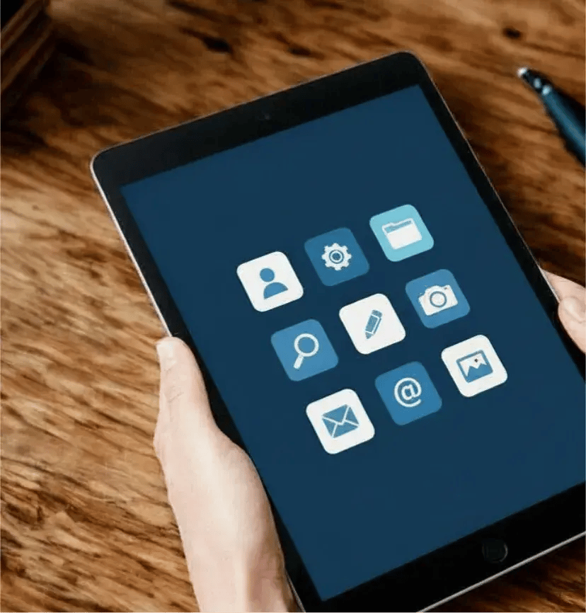 Hands holding a tablet displaying nine app icons, including a user, gear, folder, and camera, on a wooden table, conveying a digital work theme