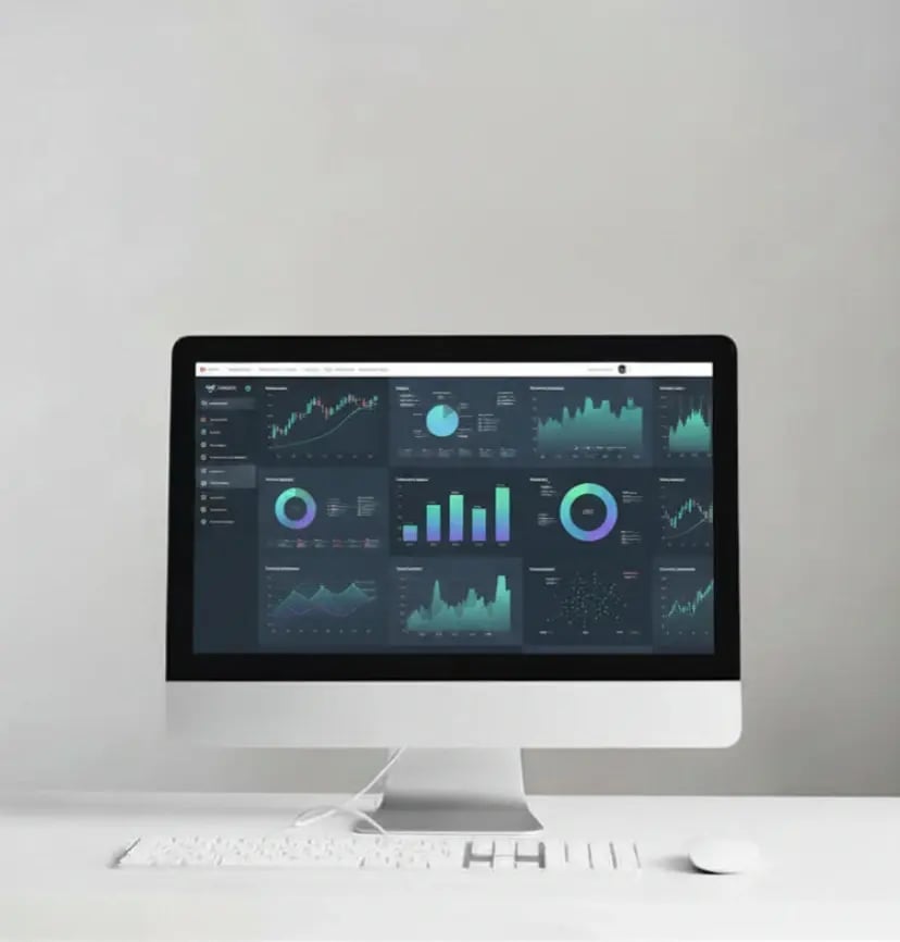 Modern desktop computer displaying a business analytics dashboard with charts, graphs, and data visualizations for performance tracking, marketing insights, and data analysis on a clean workspace