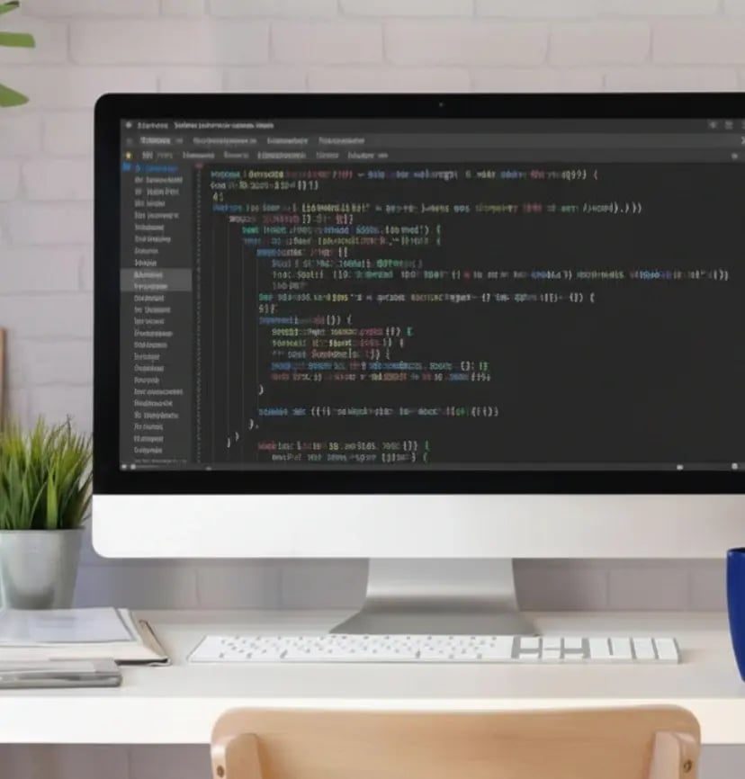 Modern desktop workspace with large monitor displaying code editor, clean minimal desk setup with keyboard, plant, and notebook, ideal for software development and programming environment