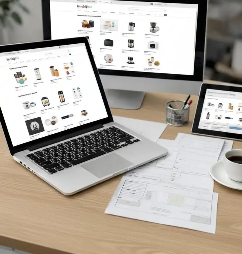 Multi-device eCommerce website displayed on laptop, desktop, and tablet showing product listings, online shopping interface, and responsive web design on a modern workspace